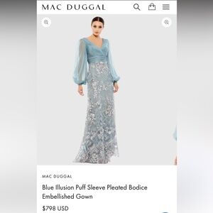 Mac Duggal Blue Illusion Puff Sleeve Pleated Bodice Embellished Gown
